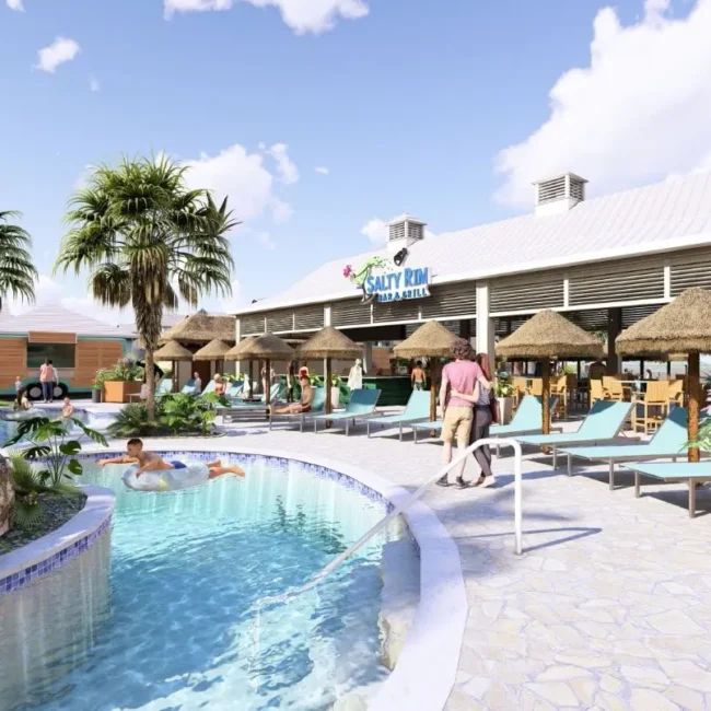 Rendering — Lazy river entry point and lounge chairs