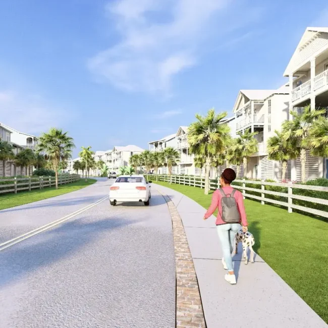 Rendering — Cottages and sidewalk lined with palm trees