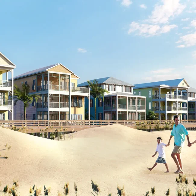 Rendering — Family walking on the sand on a beach lined with beach view cottages