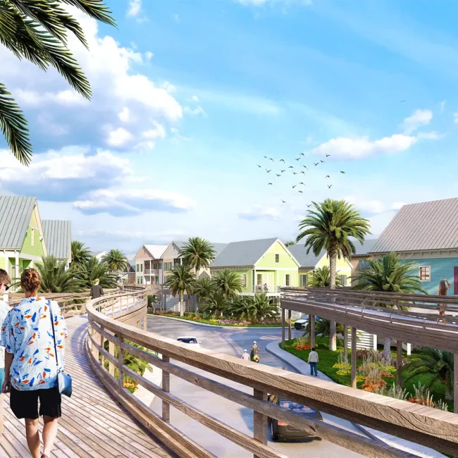 Rendering — Elevated boardwalks winding along next to beach cottages