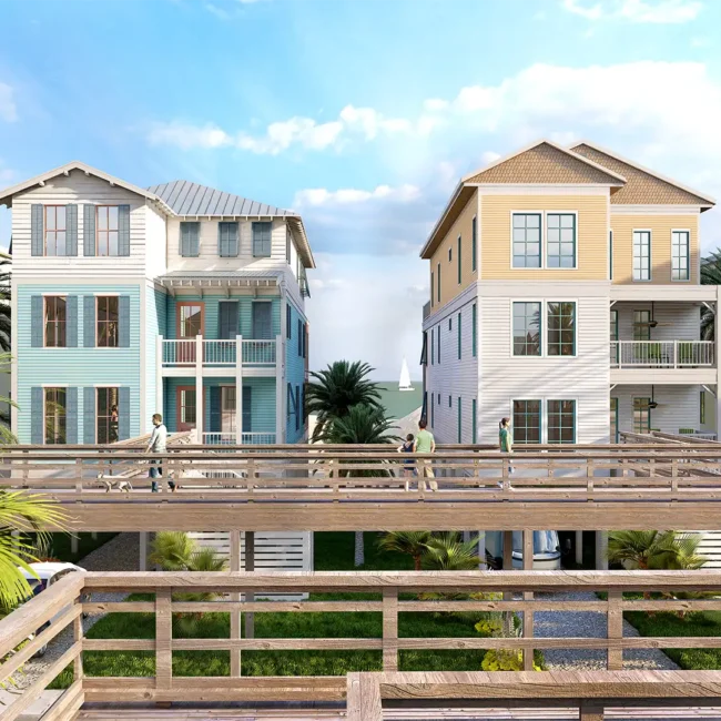 Rendering — People and pets walking along a boardwalk behind beach view cottages