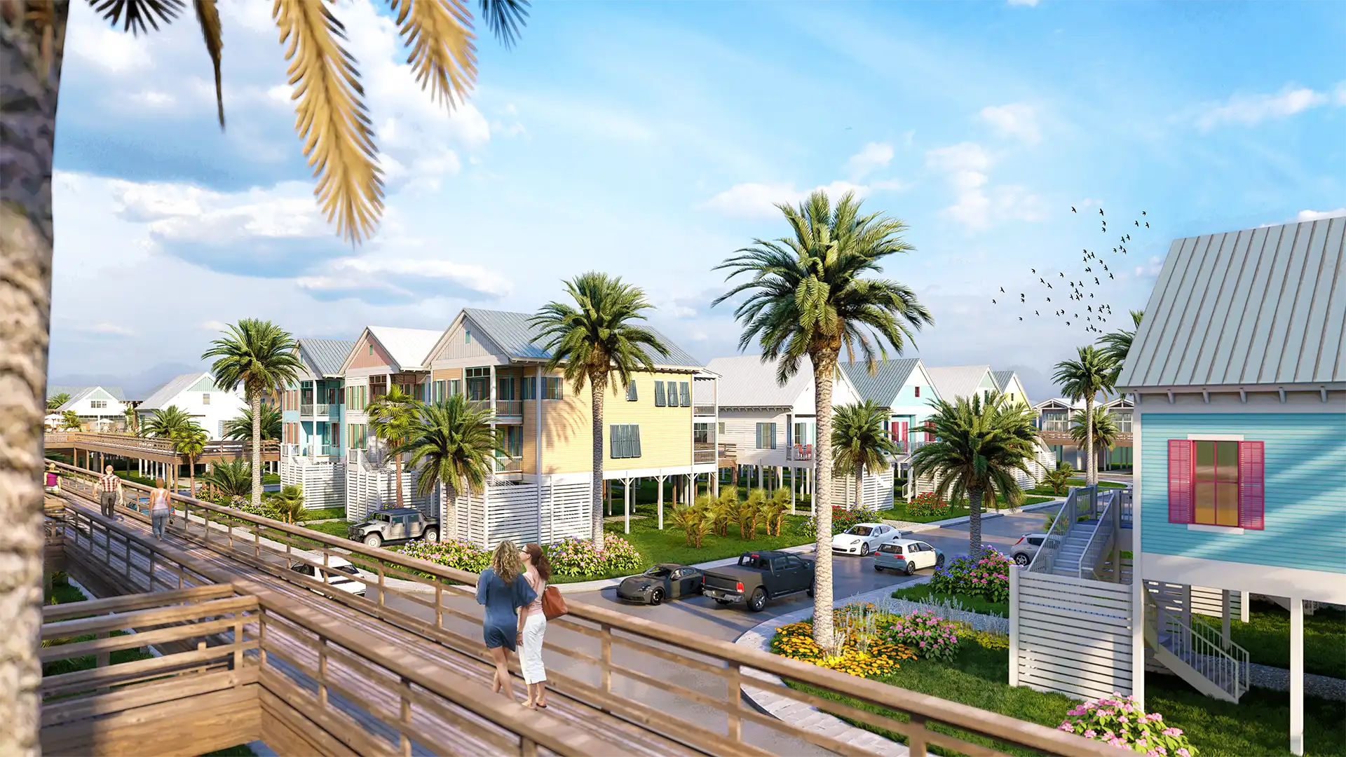 Rendering — Two people walking along an elevated boardwalk next to beach cottages
