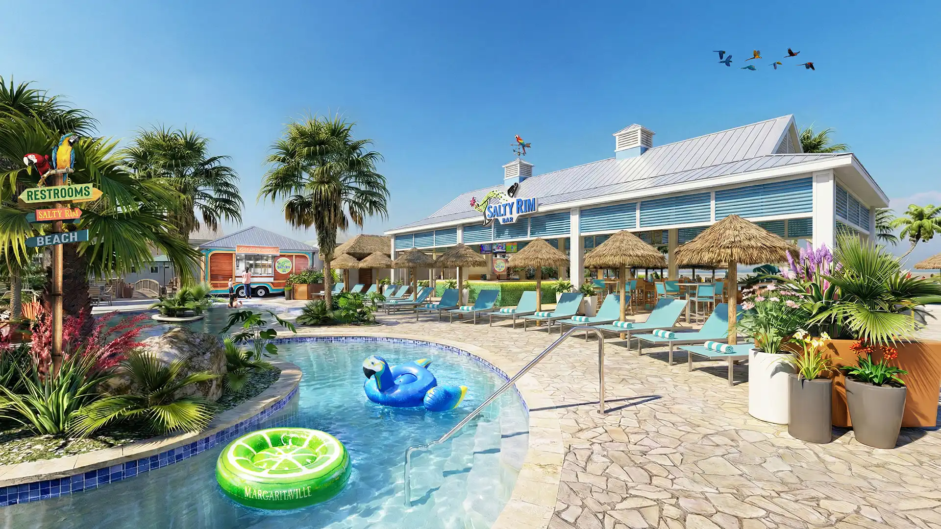 Rendering — Lazy river entry point and lounge chairs