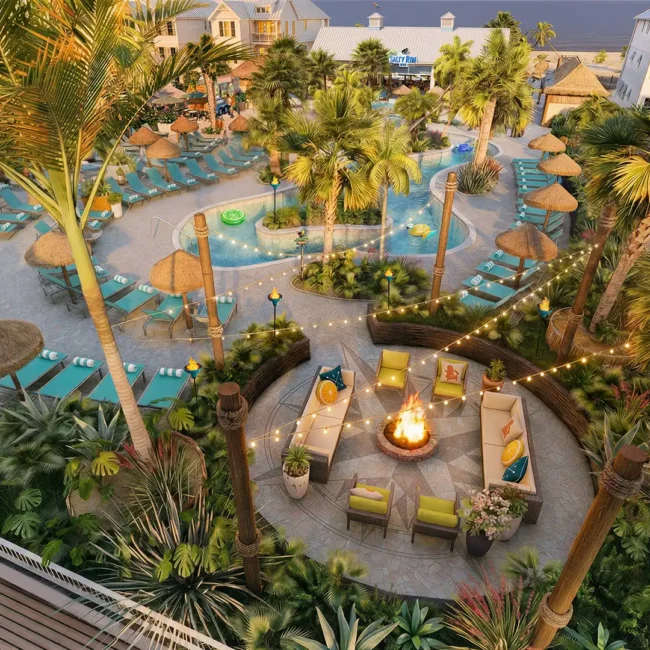 Rendering — Aerial view of sun loungers, firepit, and cabanas