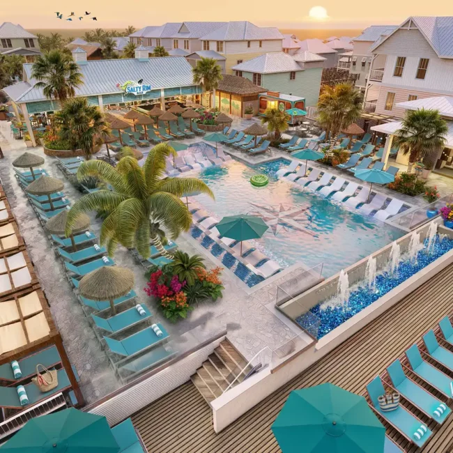 Rendering — Adult pool, aerial view at Margaritaville Beach Cottage Resort Galveston, TX