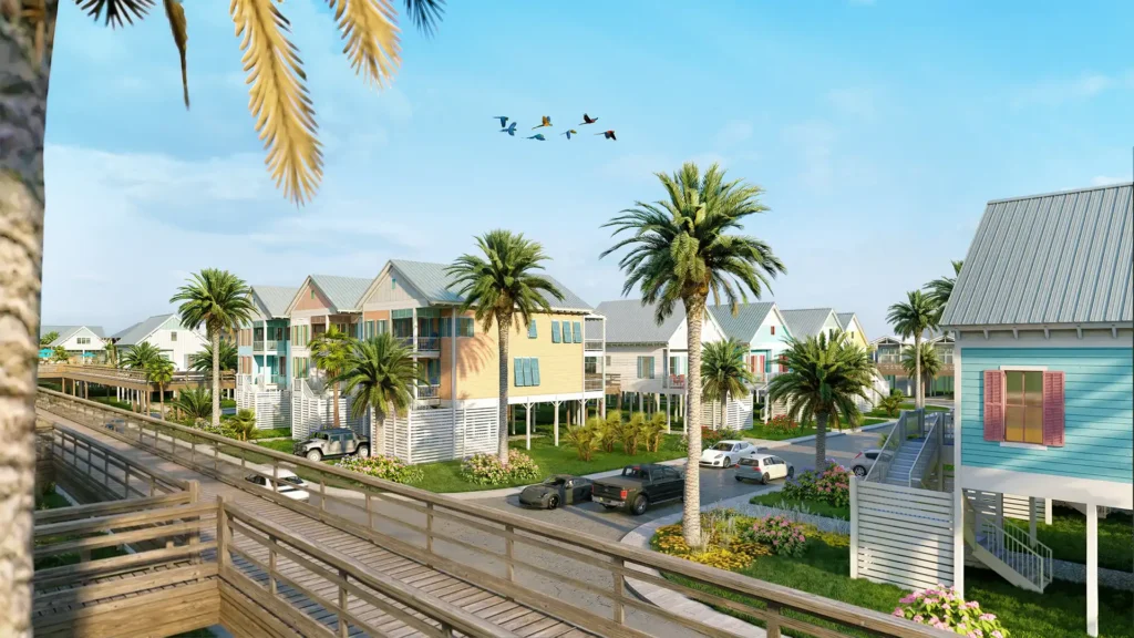 Rendering — Cottages and boardwalk at Margaritaville Beach Cottage Resort Galveston, TX