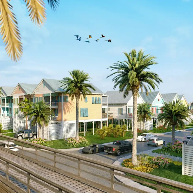 Rendering — Cottages and boardwalk at Margaritaville Beach Cottage Resort Galveston, TX