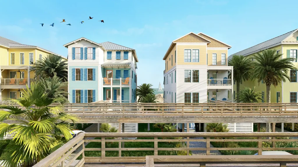 Rendering — Beach view cottages and boardwalk at Margaritaville Beach Cottage Resort Galveston, TX