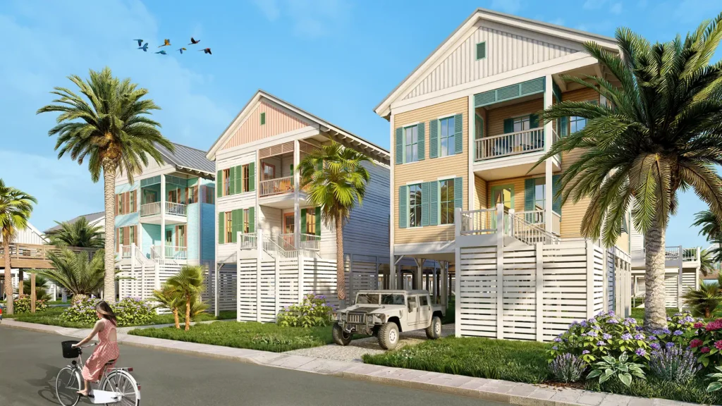 Rendering — Cottages at street level with covered driveways at Margaritaville Beach Cottage Resort Galveston, TX
