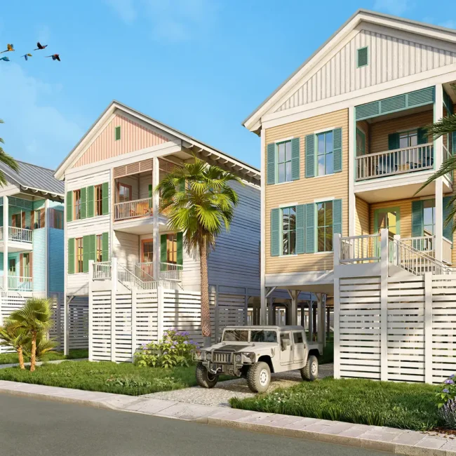 Rendering — Cottages at street level with covered driveways at Margaritaville Beach Cottage Resort Galveston, TX