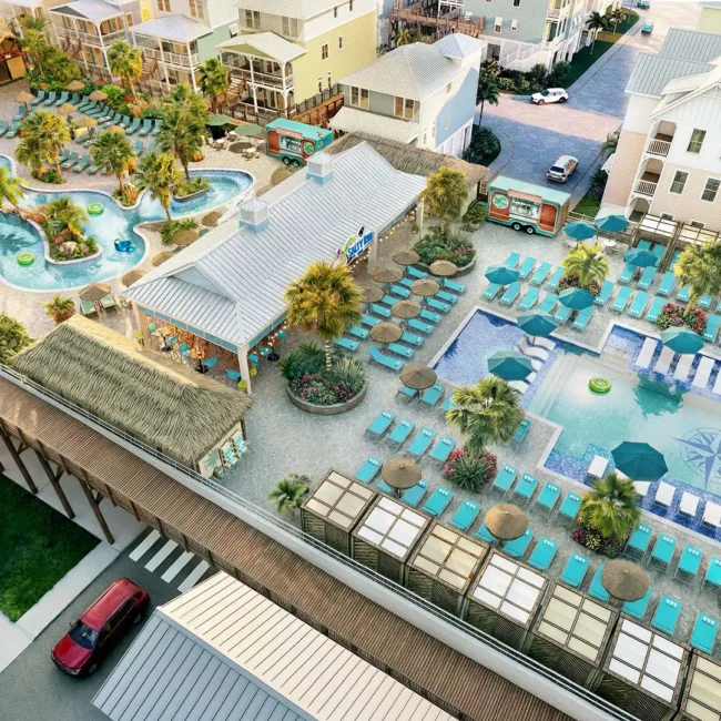 Rendering — Elevated amenity deck at Margaritaville Beach Cottage Resort Galveston, TX