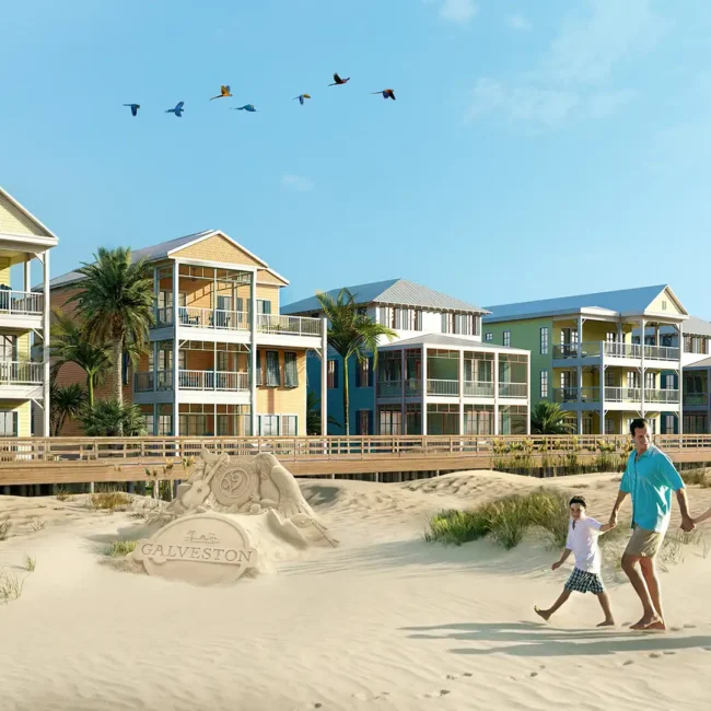 Rendering — Family on the beach at Margaritaville Beach Cottage Resort Galveston, TX