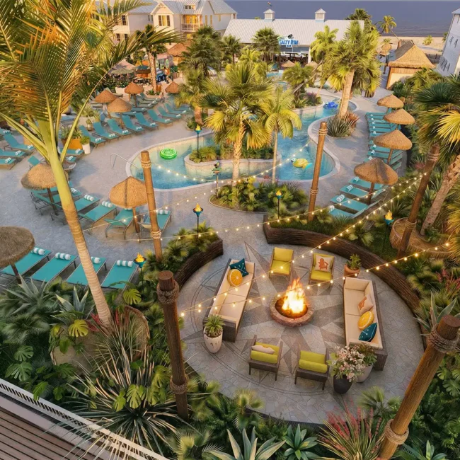 Rendering — Aerial view of sun loungers, firepit, and cabanas