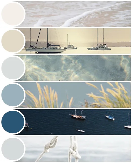 Color palette of blues and sandy hues inspired by beach and coastal scenes