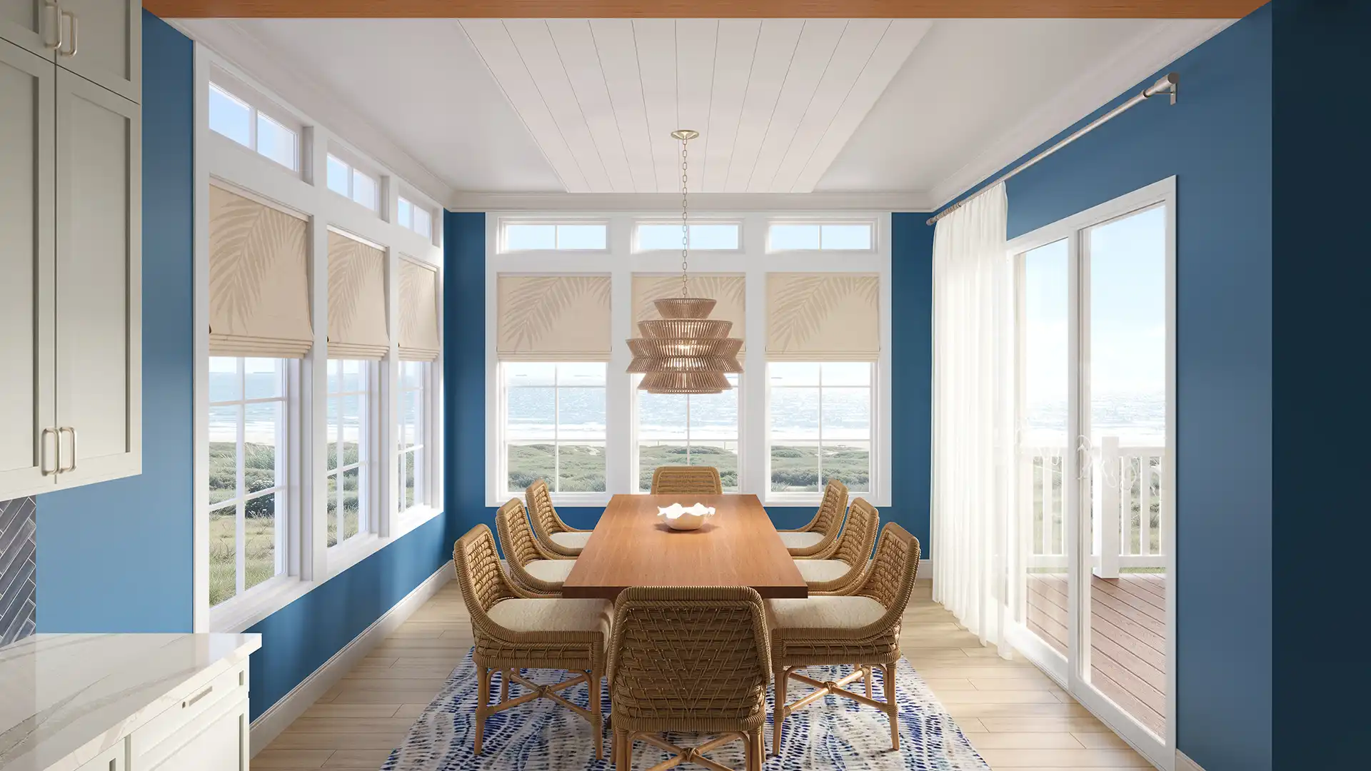 Rendering — Dining room with floor-to-ceiling windows overlooking the beach