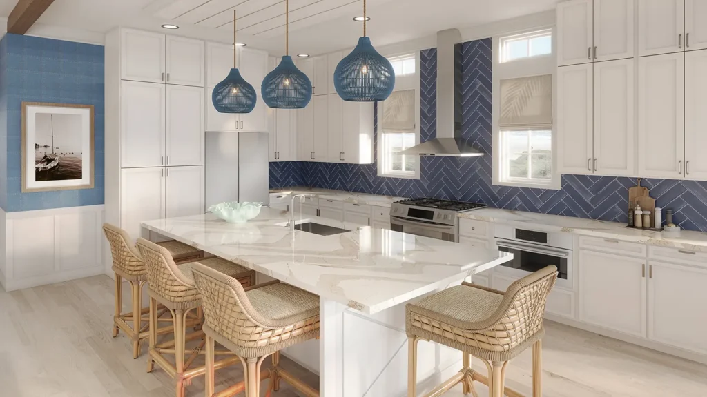 Rendering — Fully equipped kitchen with large central island