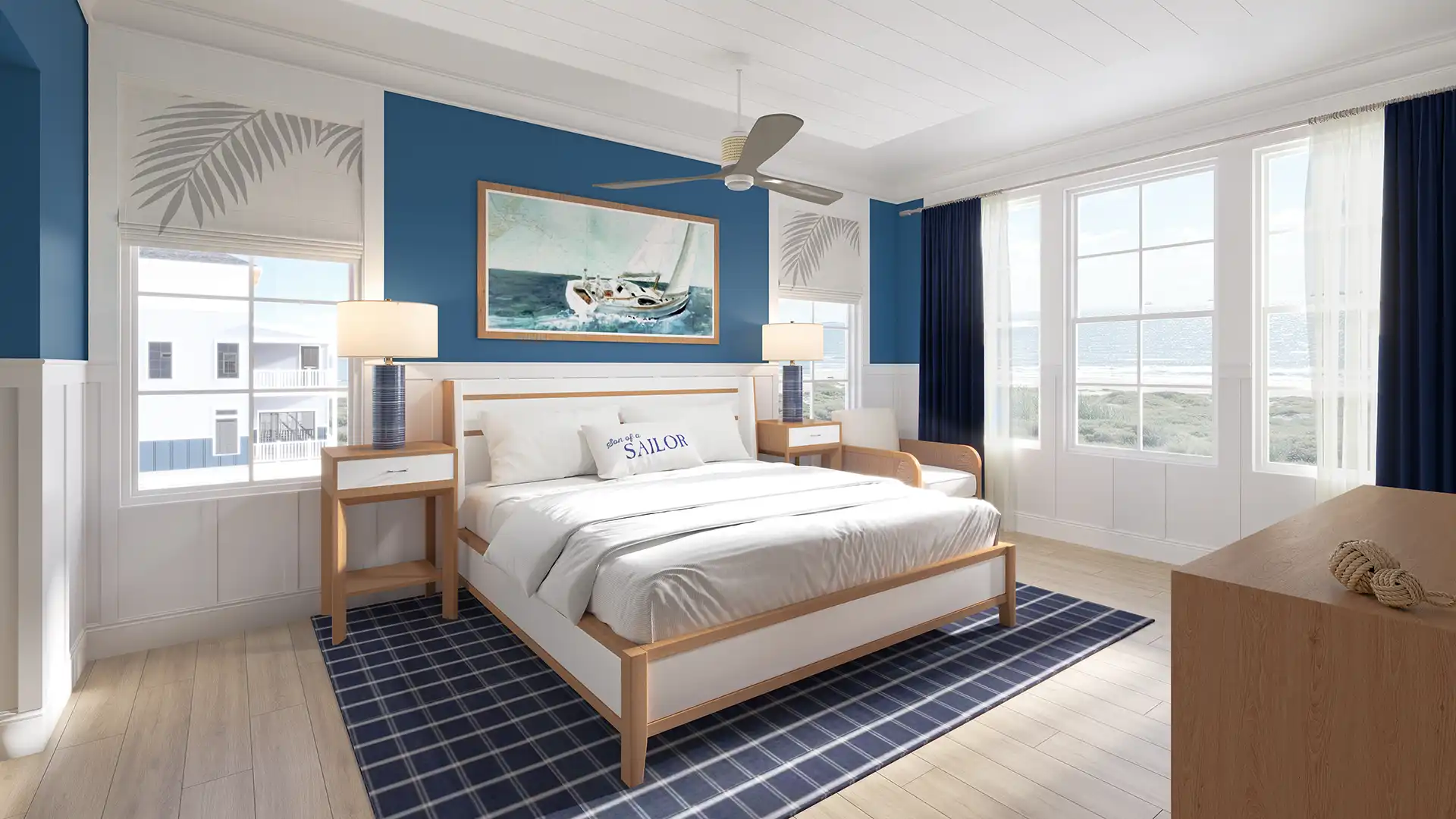 Rendering — Primary bedroon with king bed and windows overlooking the beach