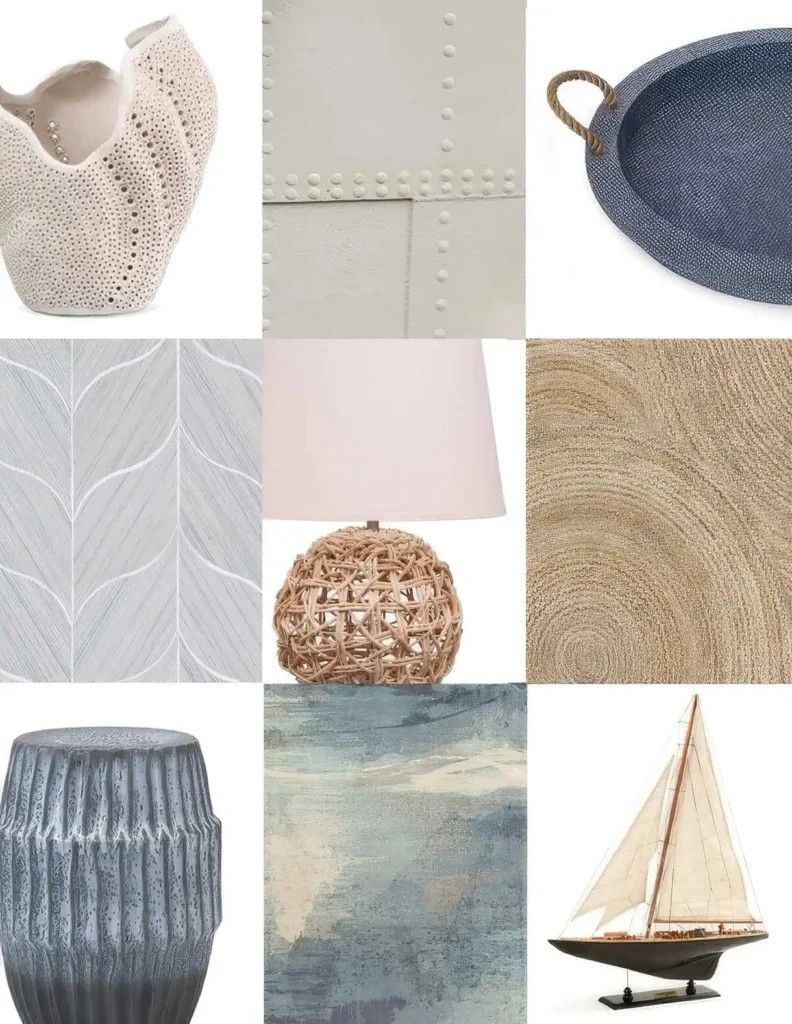 Gallery of various textures, fabrics, and finishes inspired by coastal living